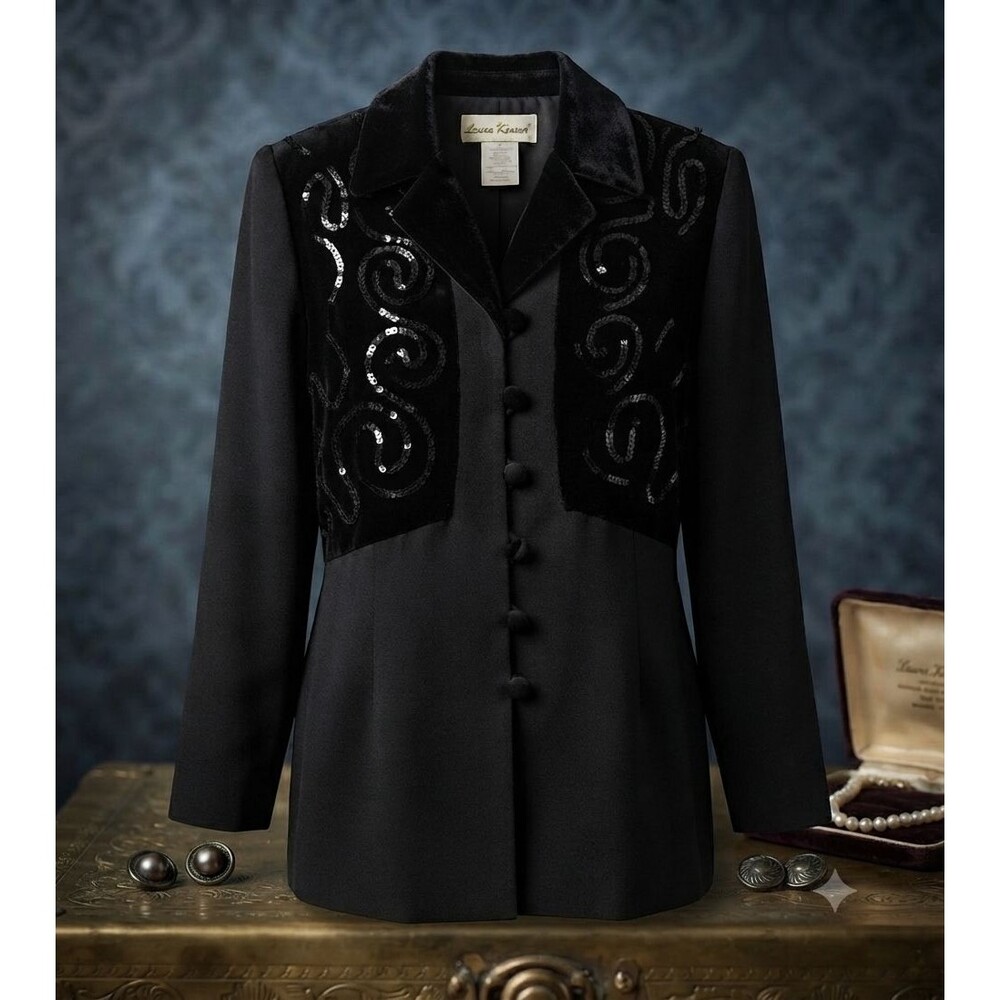 Vtg Laura Henson Black Velvet Sequin Evening Jacket Size 12 Lined Made in USA
